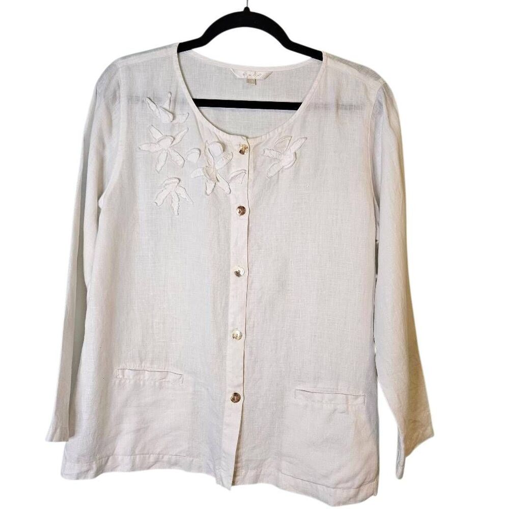 Kleen oversized linen top with floral applique, white. XS. #992